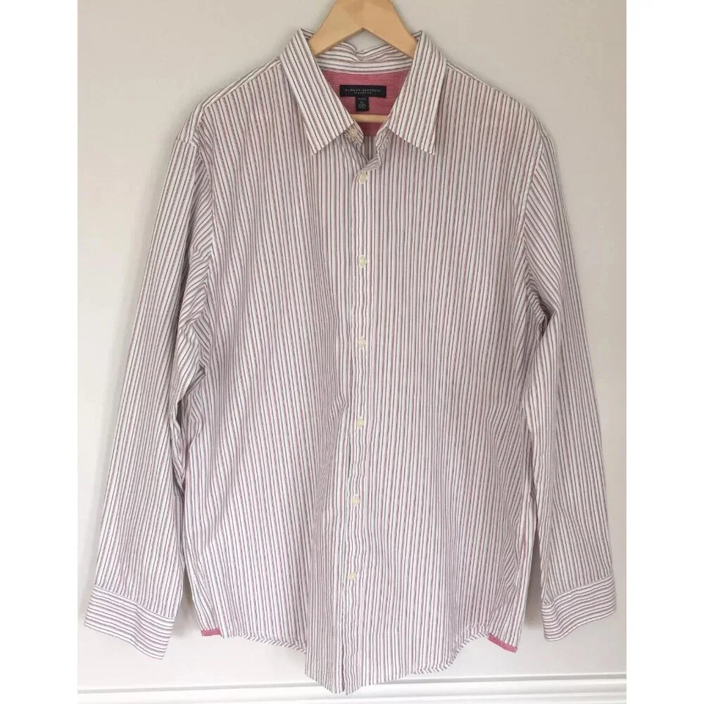 BANANA REPUBLIC Classic Fit Mens White Red Gray Striped Button Shirt 17 - 17.5